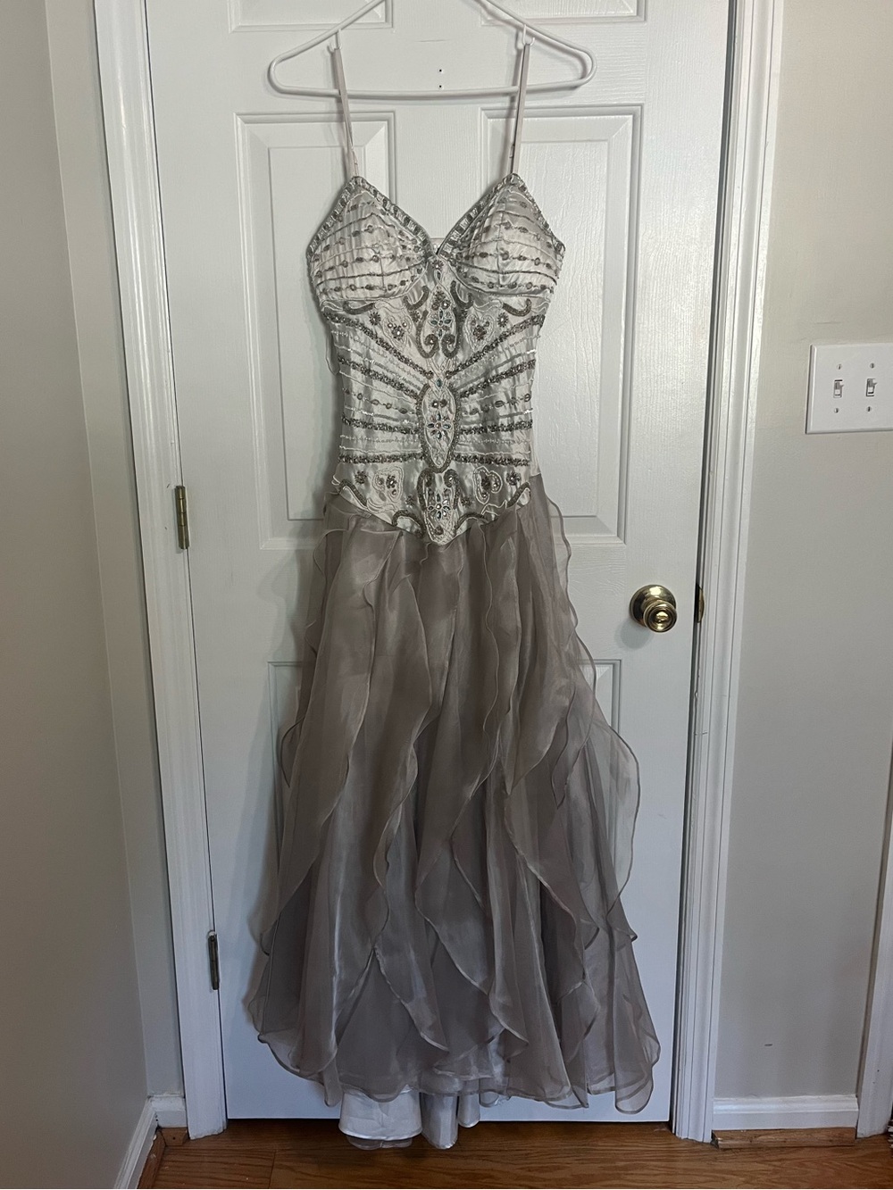 Venus Couture Silver Beaded/Ruffled Gown - Size 6